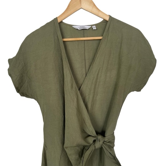 & Other Stories Paris Atelier V Neck Olive Green Linen Belt Wrap Mini Dress SZ 2 - Picture 5 of 12